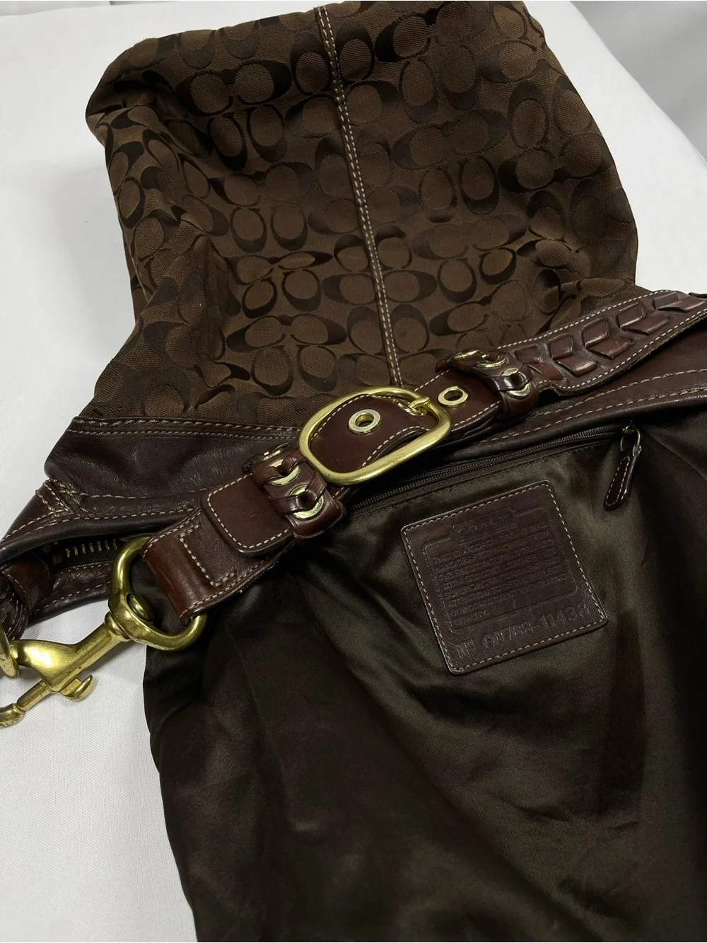 Vintage Coach Signature Monogram Brown Buckle Hobo Shoulder Bag Y2K